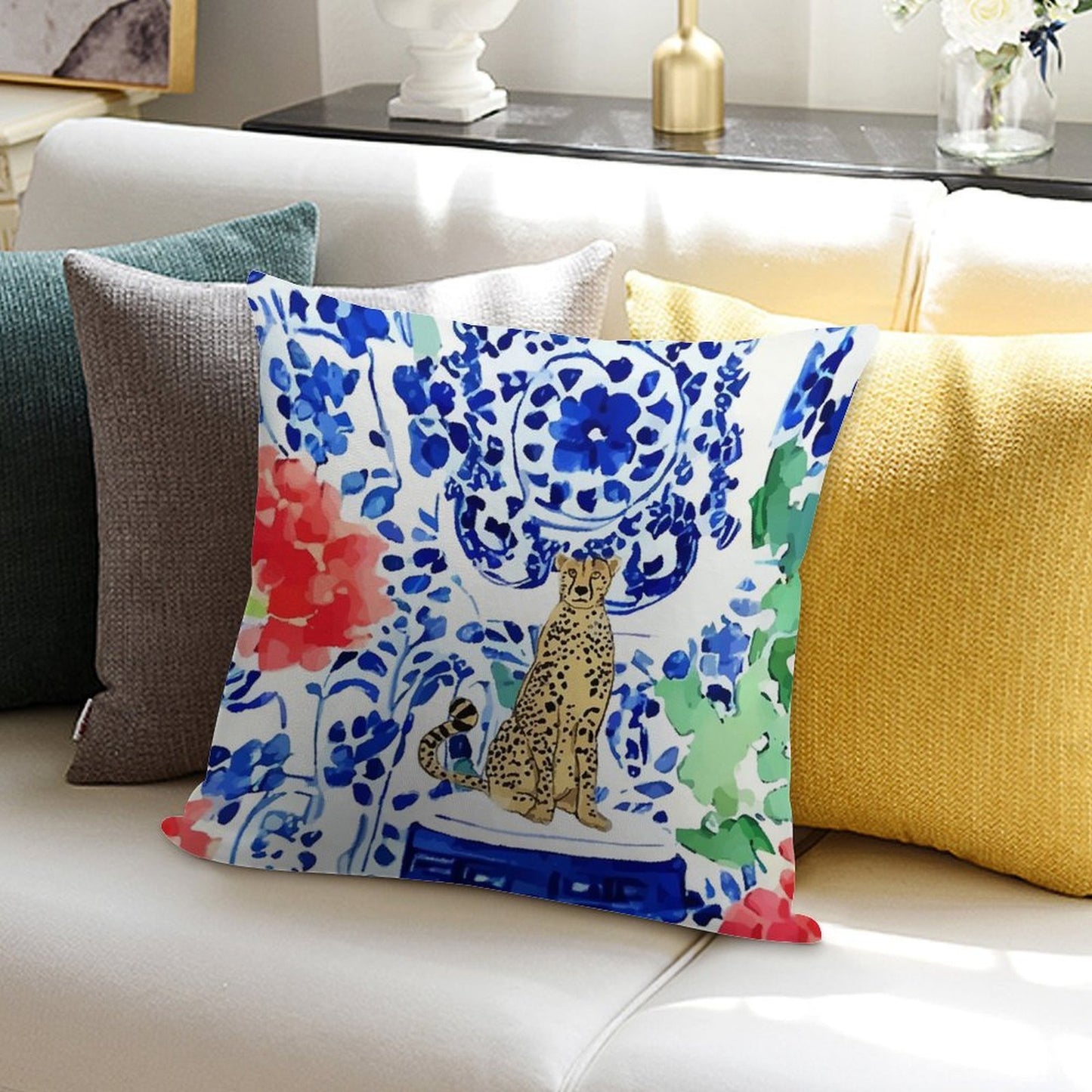 Cheetah And Chinoiserie Jars in Blue And Red Soft Easy Maintenance Throw Pillow