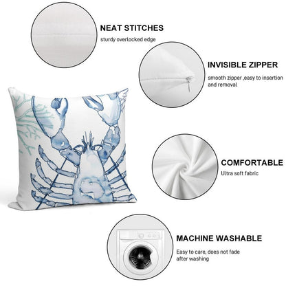 Coastal Lobster, Watercolor in Blues Soft Durable Construction Throw Pillow