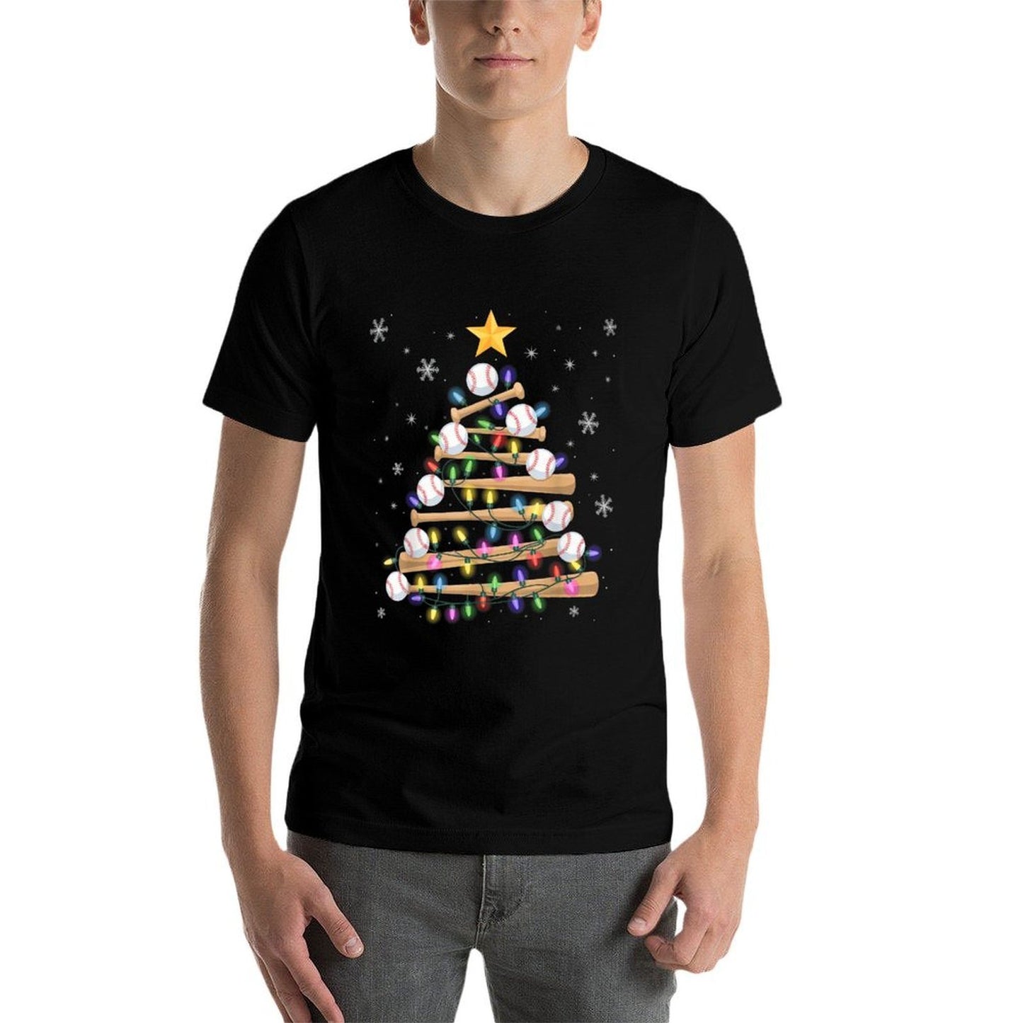 Baseball Christmas Tree Light Xmas Baseball Boys Kids  Rolled Sleeves T-Shirt