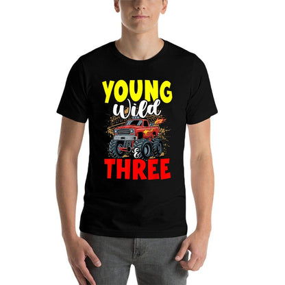 Kids Young Wild Three 3rd Birthday Boy Monster Truck 3 Years  Vintage-inspired T-Shirt