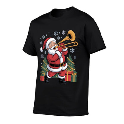 Santa Playing Trombone Funny Holiday Chrismas Xmas Pajama  Summer-ready Fabric T-Shirt
