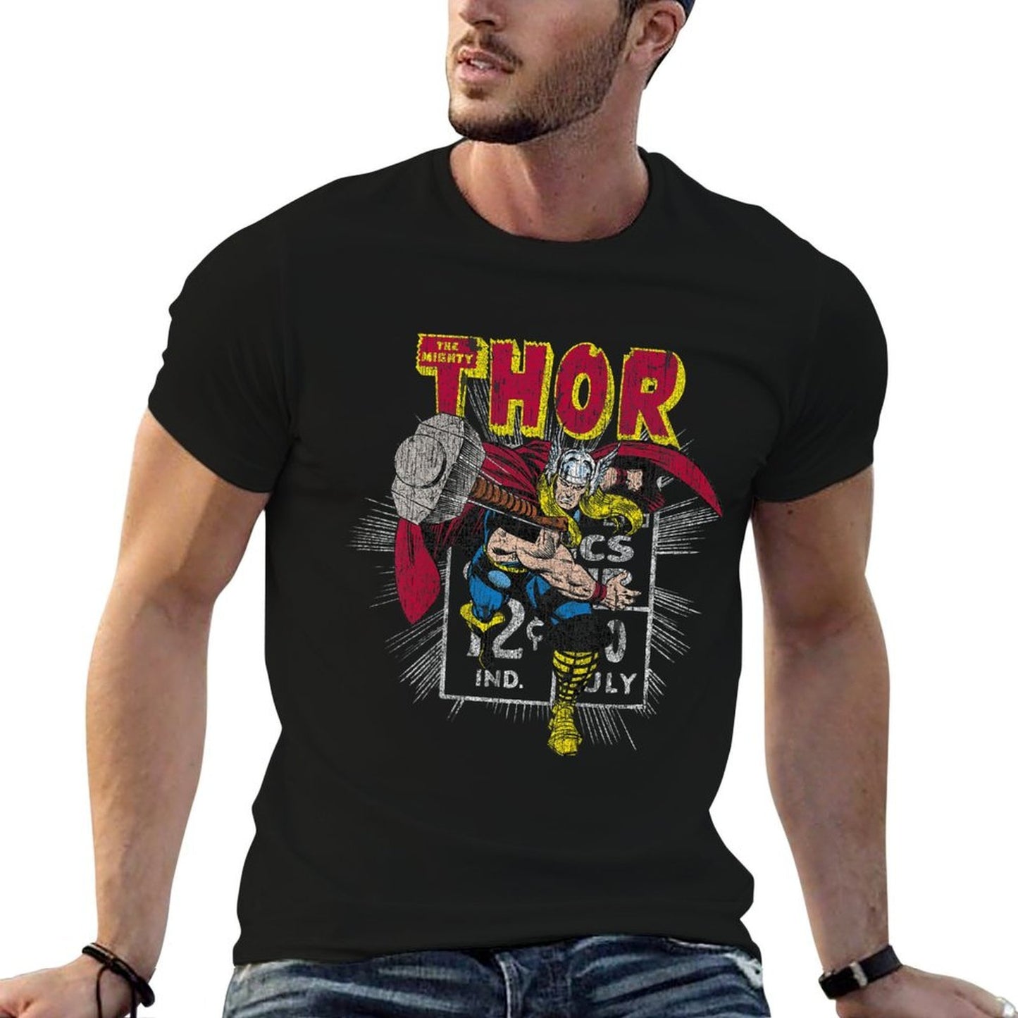 Marvel Mighty Thor Hammer Throw Retro Kids Graphic  Tagless Design T-Shirt