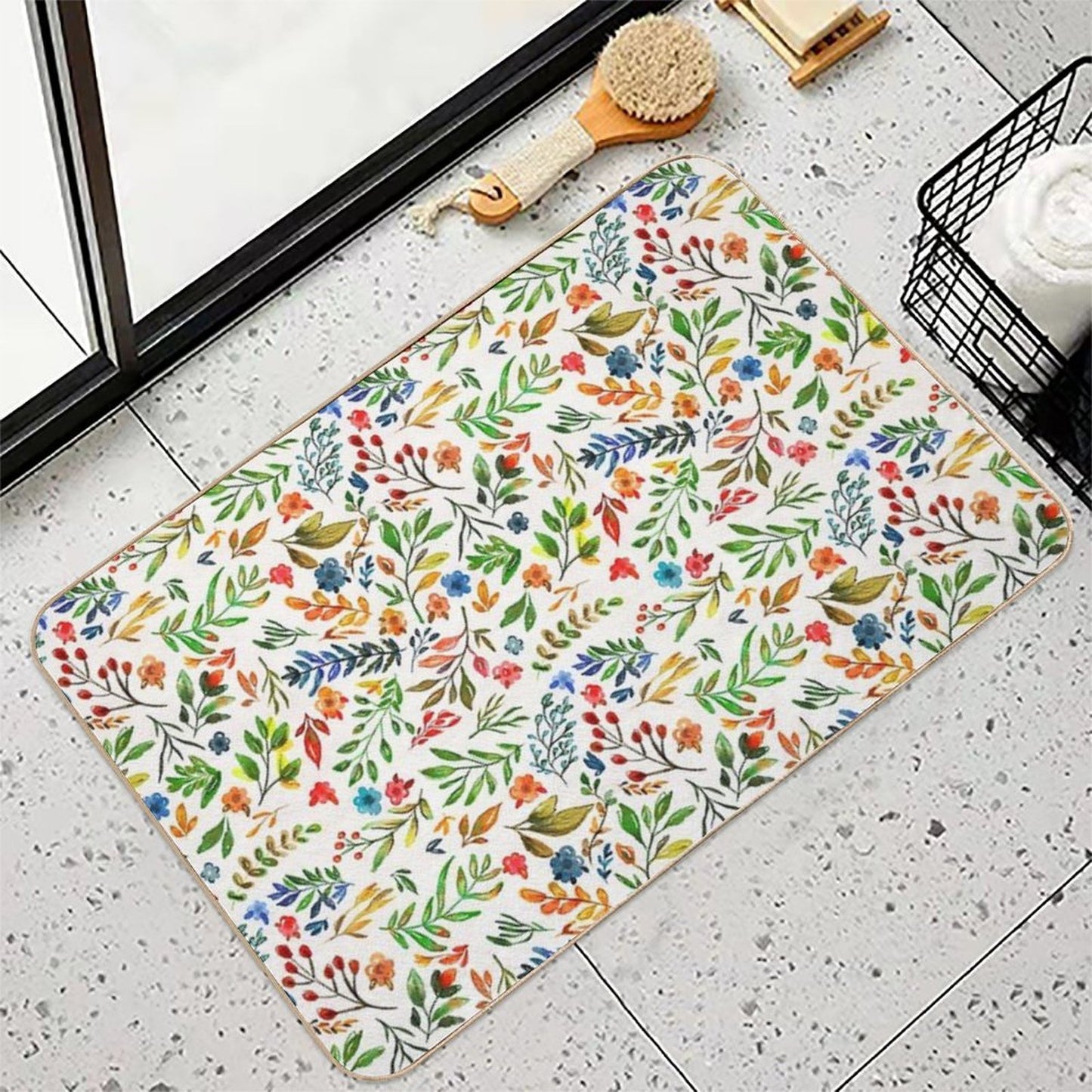 Watercolor Hand Drawn Flowers And Foliage  Odorless Bath Mat