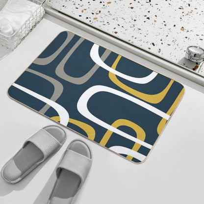 Midcentury Modern Loops Retro Pattern in Light Mustard, Grey, White, And Navy Blue  Non-Slip Bath Mat