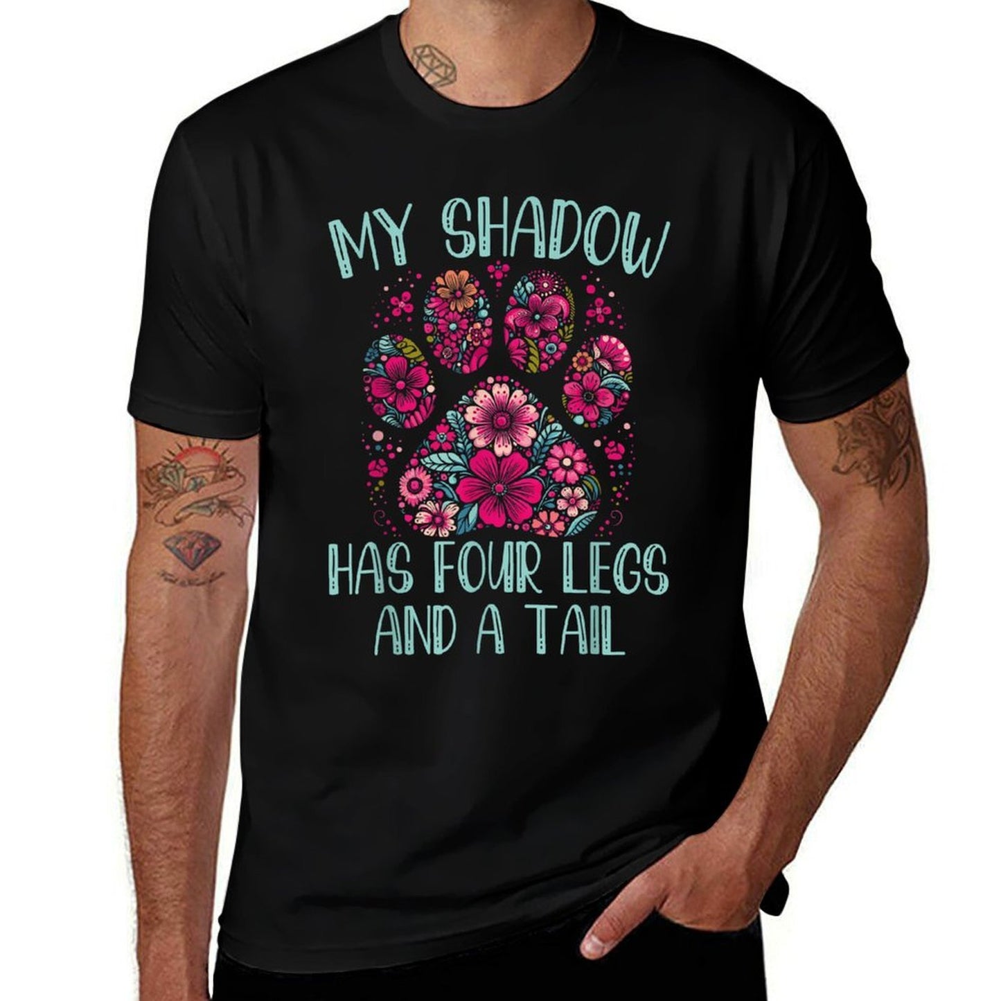 My Shadow Has Four Legs And A Tail Floral Paw Pattern  Ribbed Collar T-Shirt