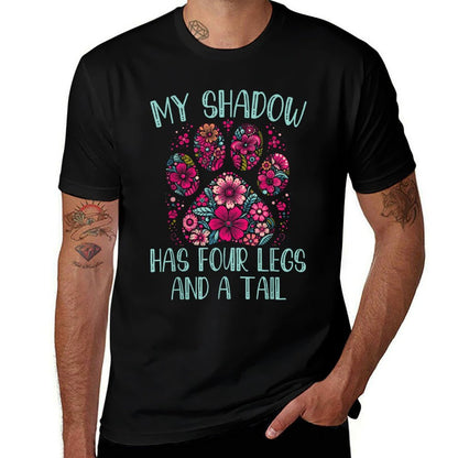 My Shadow Has Four Legs And A Tail Floral Paw Pattern  Ribbed Collar T-Shirt