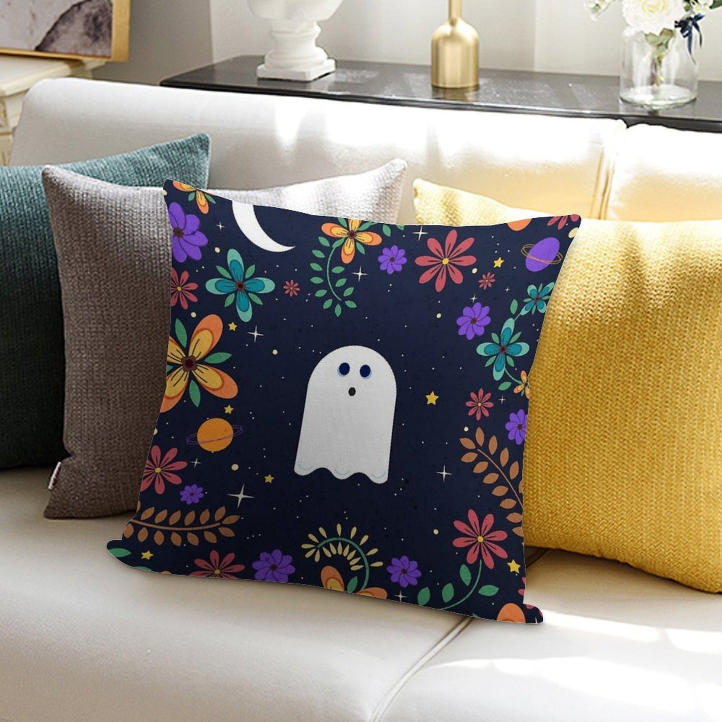 Spoopy Cute Ghost. Halloween Decor. Cute Ghost Dia De Los Muertos. Orange All Hallows Eve Floral Illustration. Soft Washable Throw Pillow