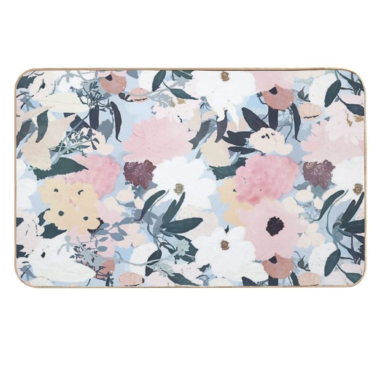 Pink White Floral Watercolor Blue Design  Fade-Resistant Bath Mat