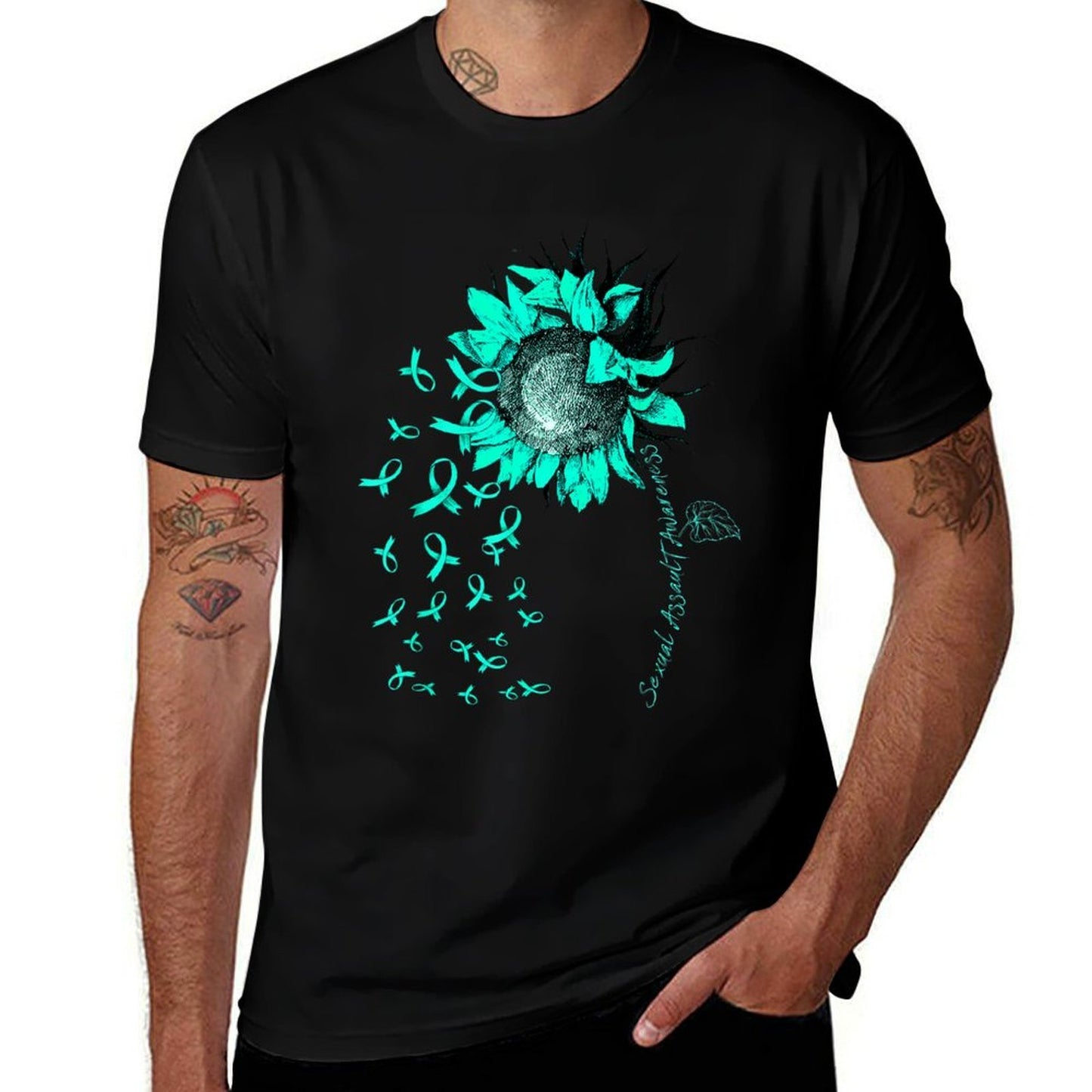 SEXUAL ASSAULT AWARENESS Sunflower Teal Ribbon  Tagless Design T-Shirt
