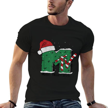 MTV Logo Christmas Tree Santa Hat Colors Graphic  Rolled Sleeves T-Shirt