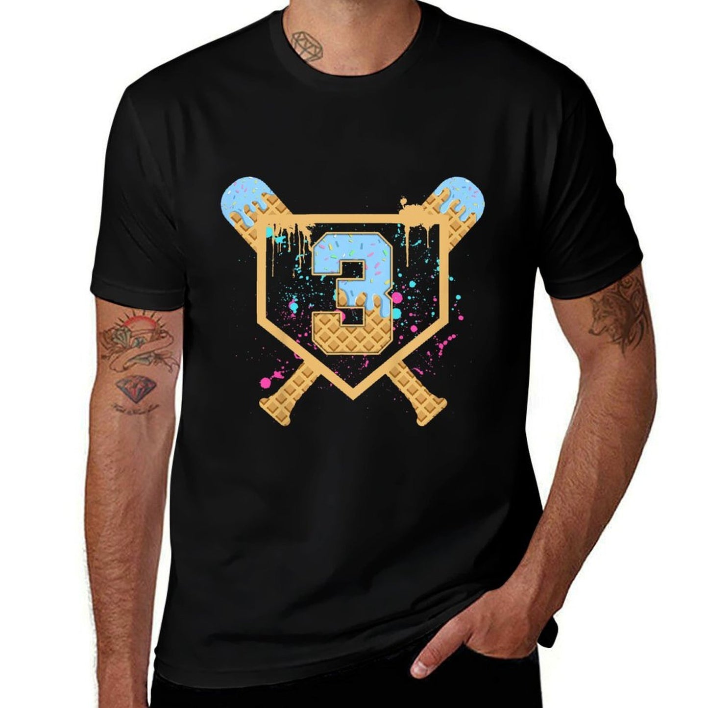 Kids Baseball 3 Year Old Ice Cream Drip 3rd Birthday Boy Number 3  Polyester Blend T-Shirt