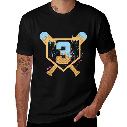 Kids Baseball 3 Year Old Ice Cream Drip 3rd Birthday Boy Number 3  Polyester Blend T-Shirt