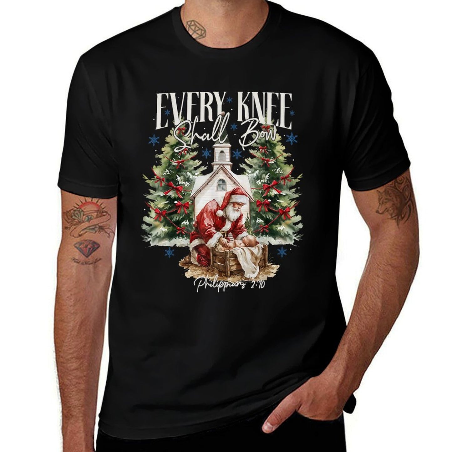 Every Knee Shall Bow Nativity Scene Religious Christmas  High-quality Stitching T-Shirt