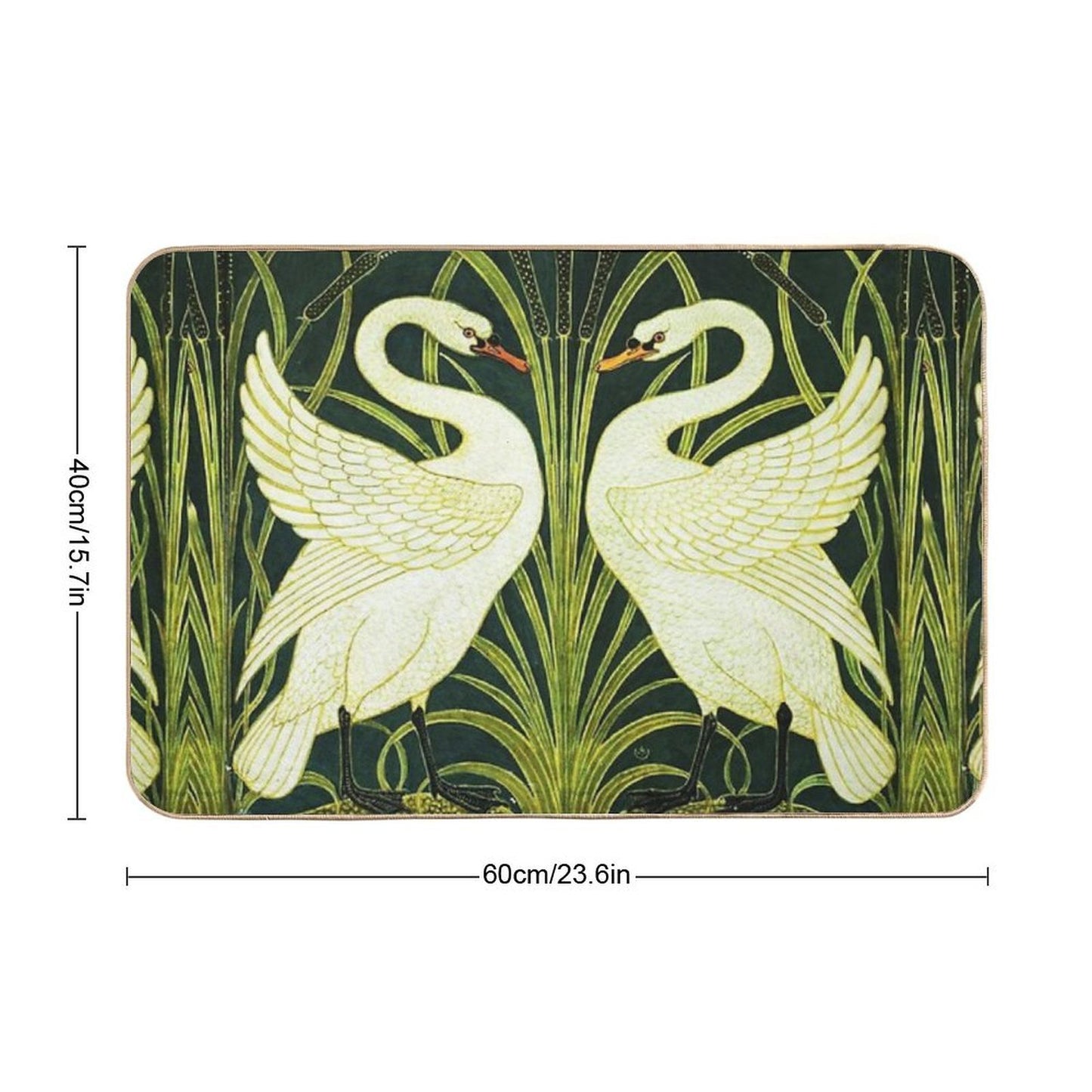 TWO WHITE SWANS AMONG REEDS IN GREEN Art Nouveau Animals  Dirt-Trapping Bath Mat