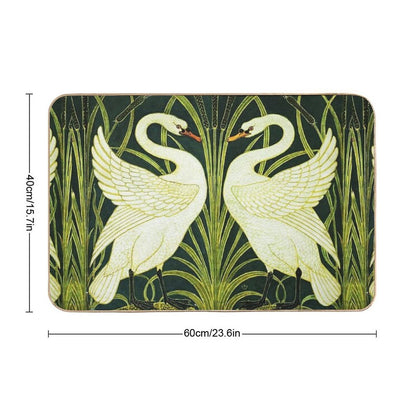 TWO WHITE SWANS AMONG REEDS IN GREEN Art Nouveau Animals  Dirt-Trapping Bath Mat