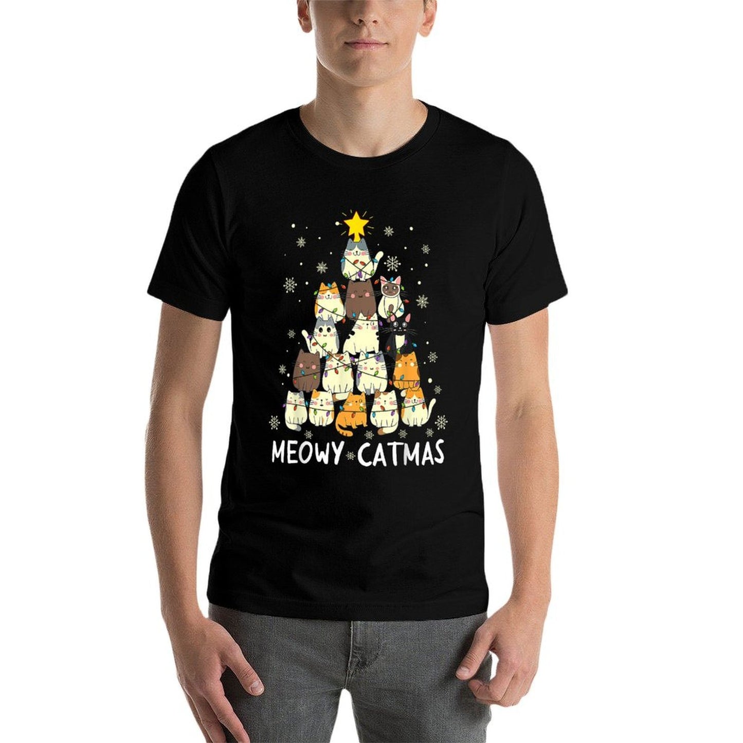 Meowy Catmas Cat Christmas Tree Xmas Girls Boys Funny Santa  Ribbed Collar T-Shirt
