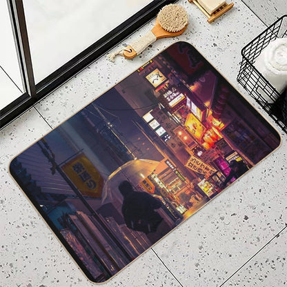 Neon Noir Street Reflecting The Warm Yellow And Orange Light from The Bar Area.  Pet-Safe Bath Mat