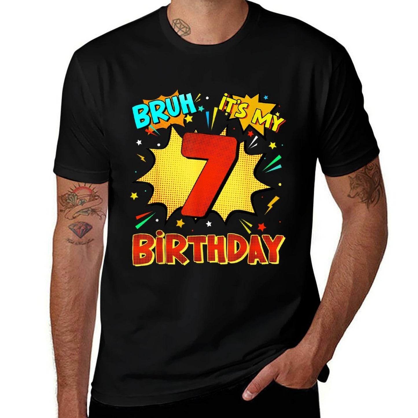 Bruh It's My 7th Birthday 7 Year Old Comic Birthday Party  Ribbed Collar T-Shirt