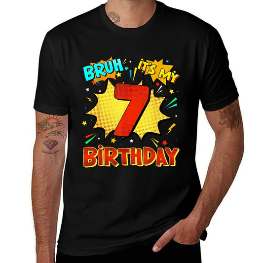 Bruh It's My 7th Birthday 7 Year Old Comic Birthday Party  Ribbed Collar T-Shirt
