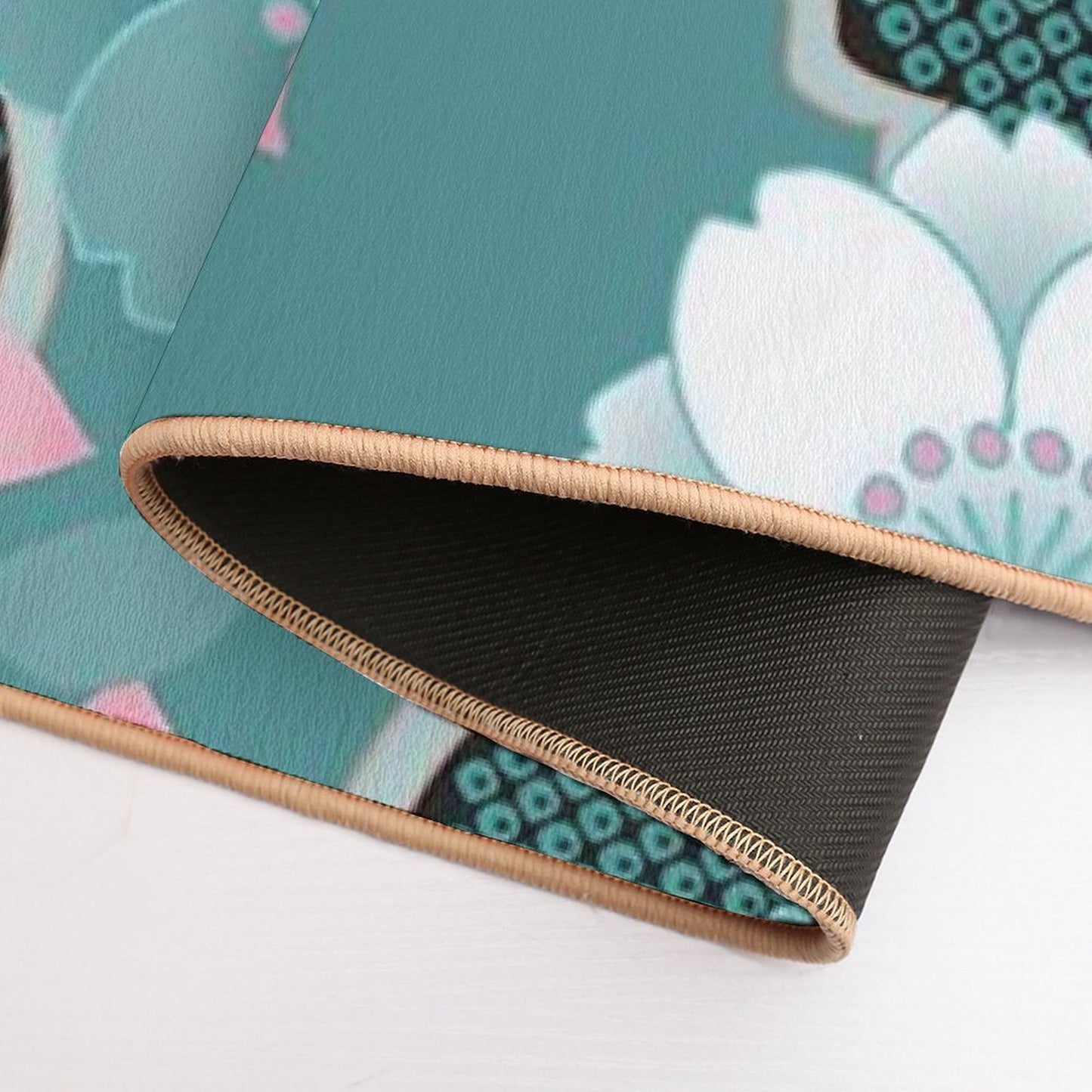 Pink White Teal Floral Japanese Sakura Kimono Pattern  Eco-Friendly Bath Mat