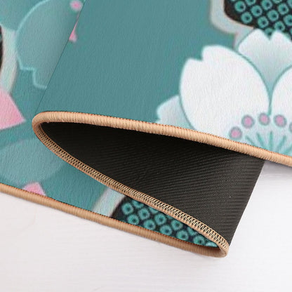 Pink White Teal Floral Japanese Sakura Kimono Pattern  Eco-Friendly Bath Mat