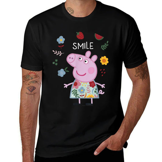 Peppa Pig Smile Cute Flowers & Fruit Full Body Portrait  Summer-ready Fabric T-Shirt