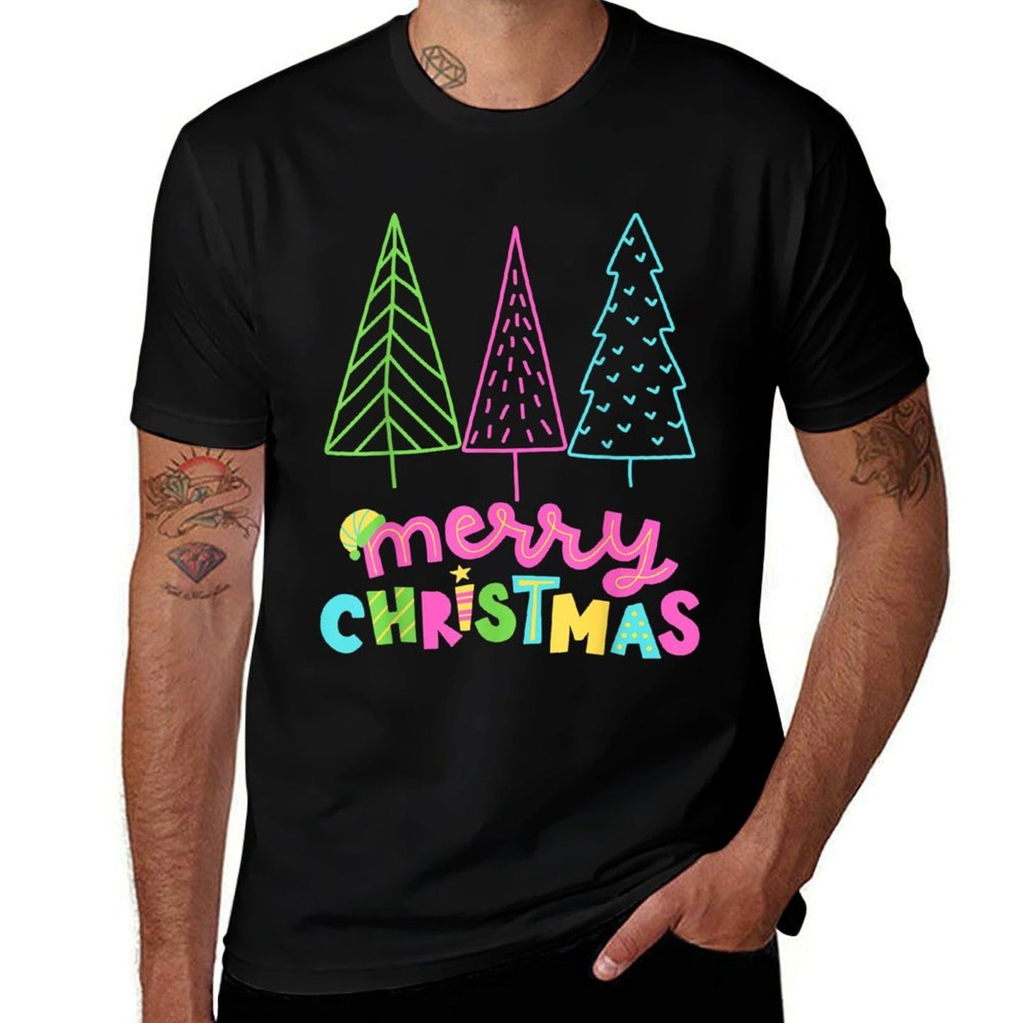 Merry Christmas Bright Tree Neon Happy Holidays  Summer-ready Fabric T-Shirt