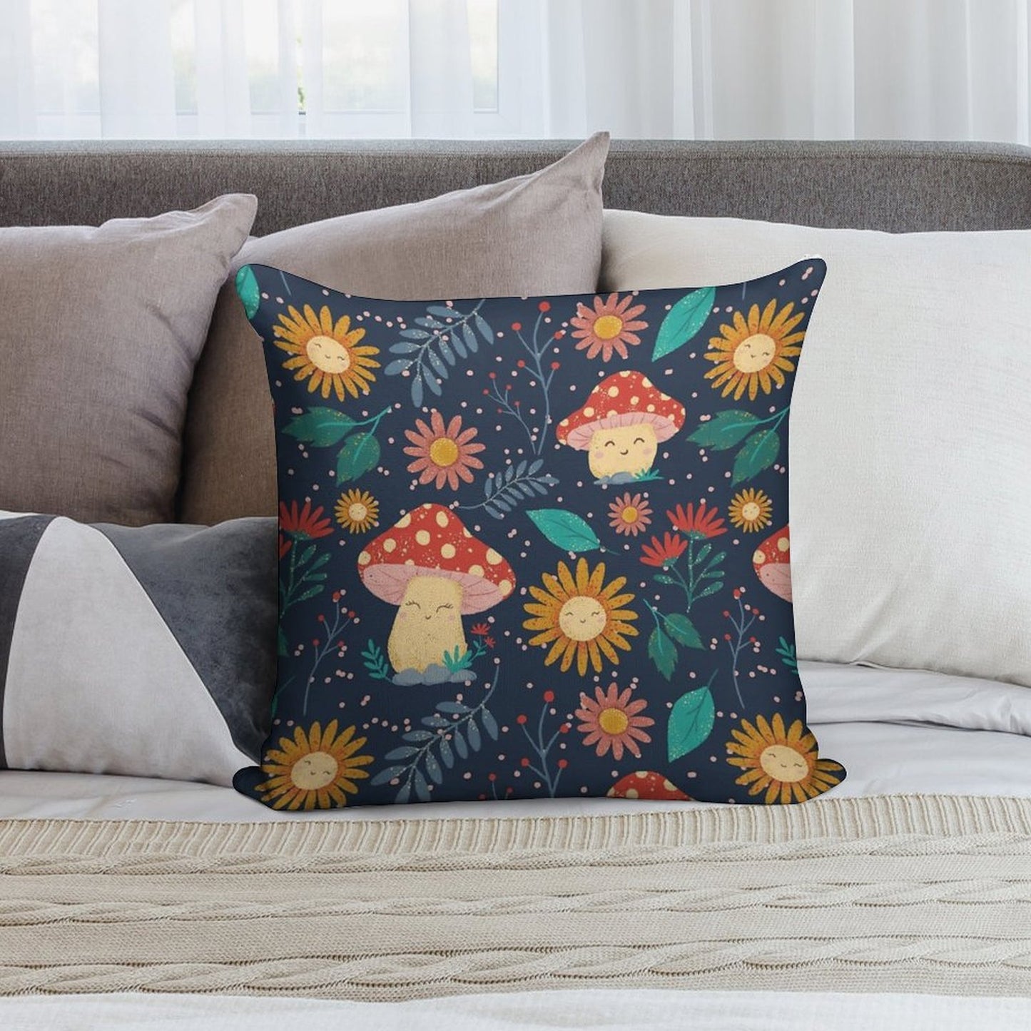 Floral Cute Mushrooms Soft Fade-Resistant Throw Pillow