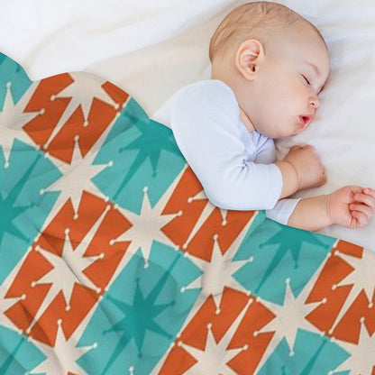 Mid Century Modern Atomic Stars Retro Checkered Starburst Pattern in Teal Turquoise Orange Shrink-resistant Throw Blanket