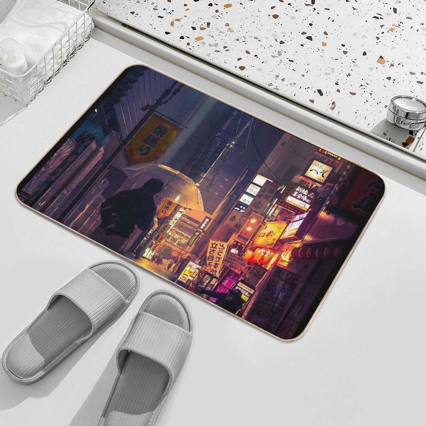 Neon Noir Street Reflecting The Warm Yellow And Orange Light from The Bar Area.  Pet-Safe Bath Mat