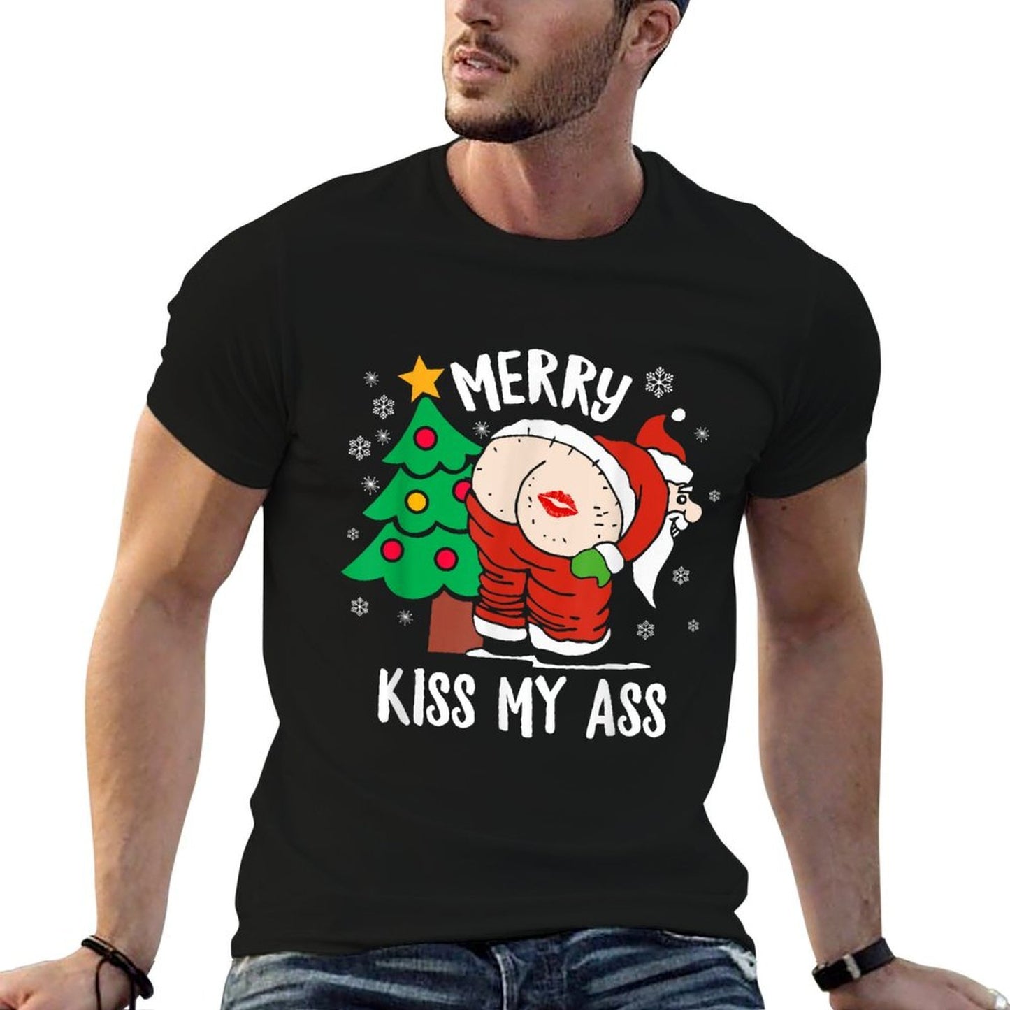 Merry Kiss My Ass Naughty Christmass Funny Santa Claus  Rolled Sleeves T-Shirt
