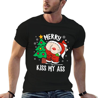 Merry Kiss My Ass Naughty Christmass Funny Santa Claus  Rolled Sleeves T-Shirt