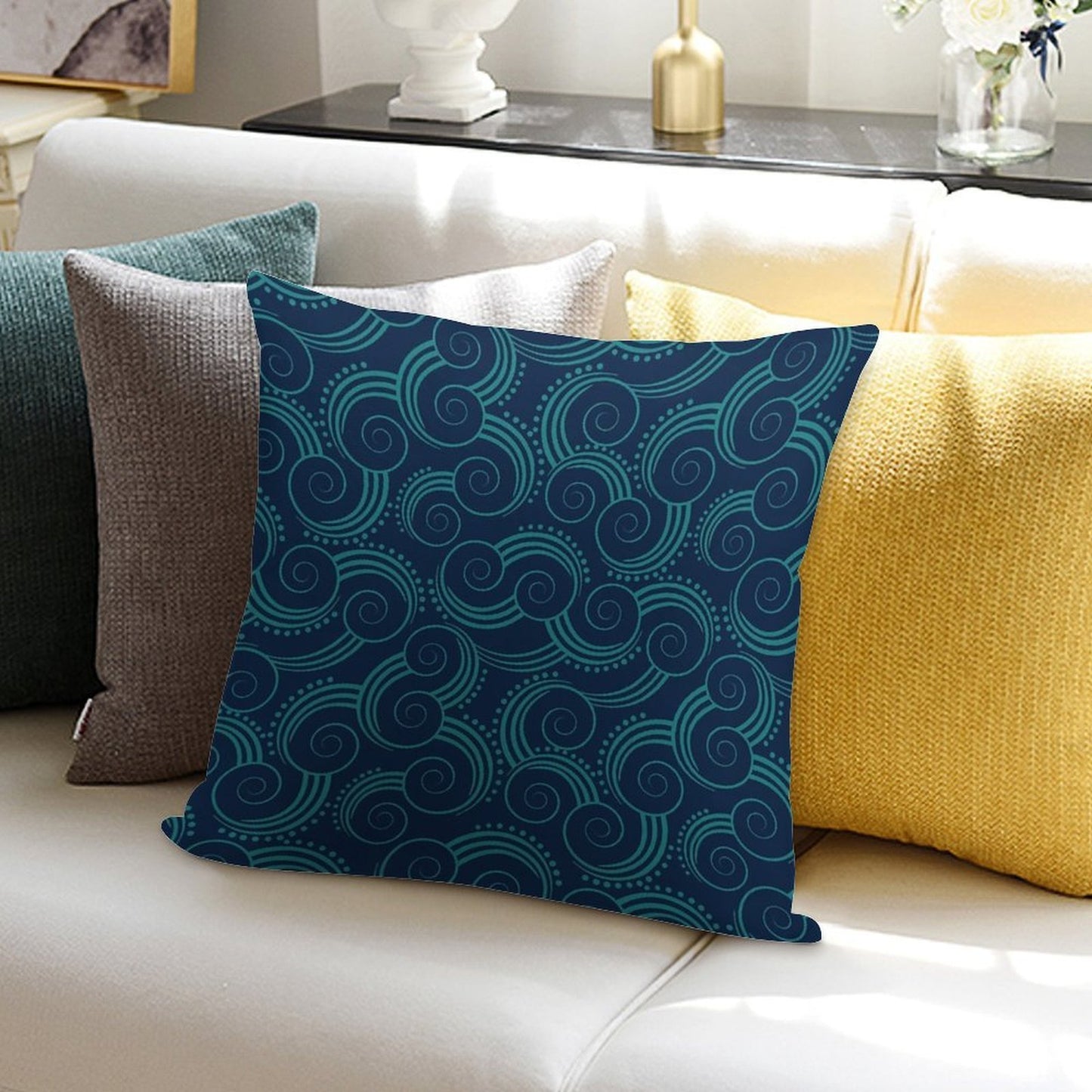 Navy And Teal Ocean Swirls Soft Reinforced Edging Throw Pillow