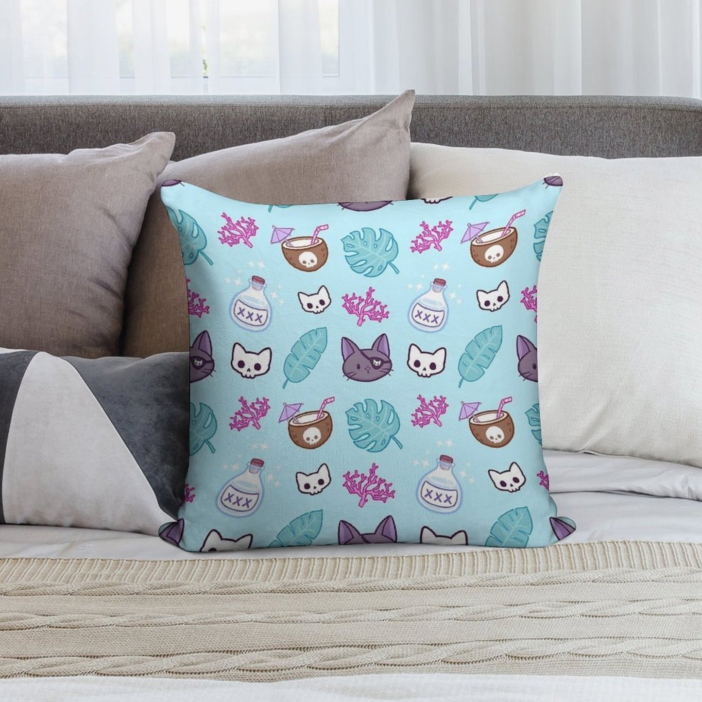 Pirate Cat  Turquoise  Nikury Soft Short Plush Fabric Throw Pillow