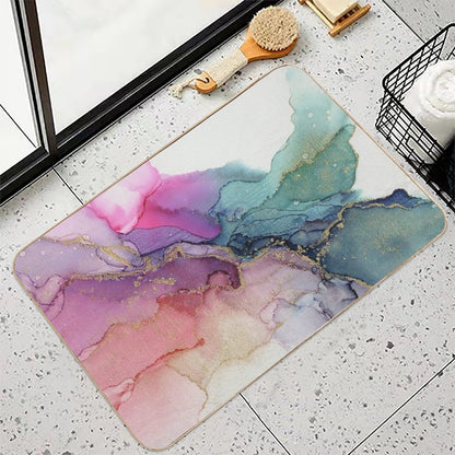 Abstract Coral Turquoise Gold Ink Painting on Canvas  Slip-Resistant Bath Mat