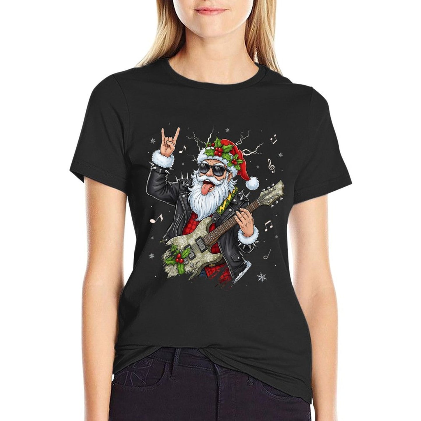 Christmas Rock  Roll Santa Claus Guitar Player Men Women  Easy-care T-Shirt