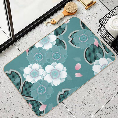 Pink White Teal Floral Japanese Sakura Kimono Pattern  Eco-Friendly Bath Mat