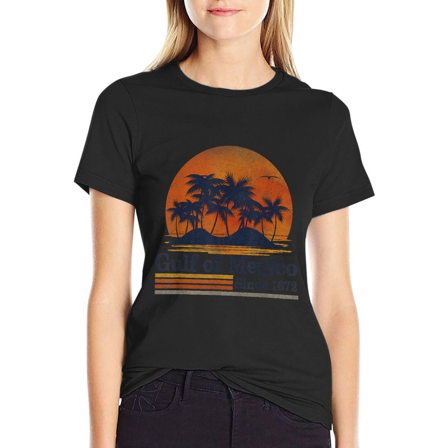 Retro Gulf of Mexico 1672 Beach Palms Summer Vacation  Fade-proof Color T-Shirt