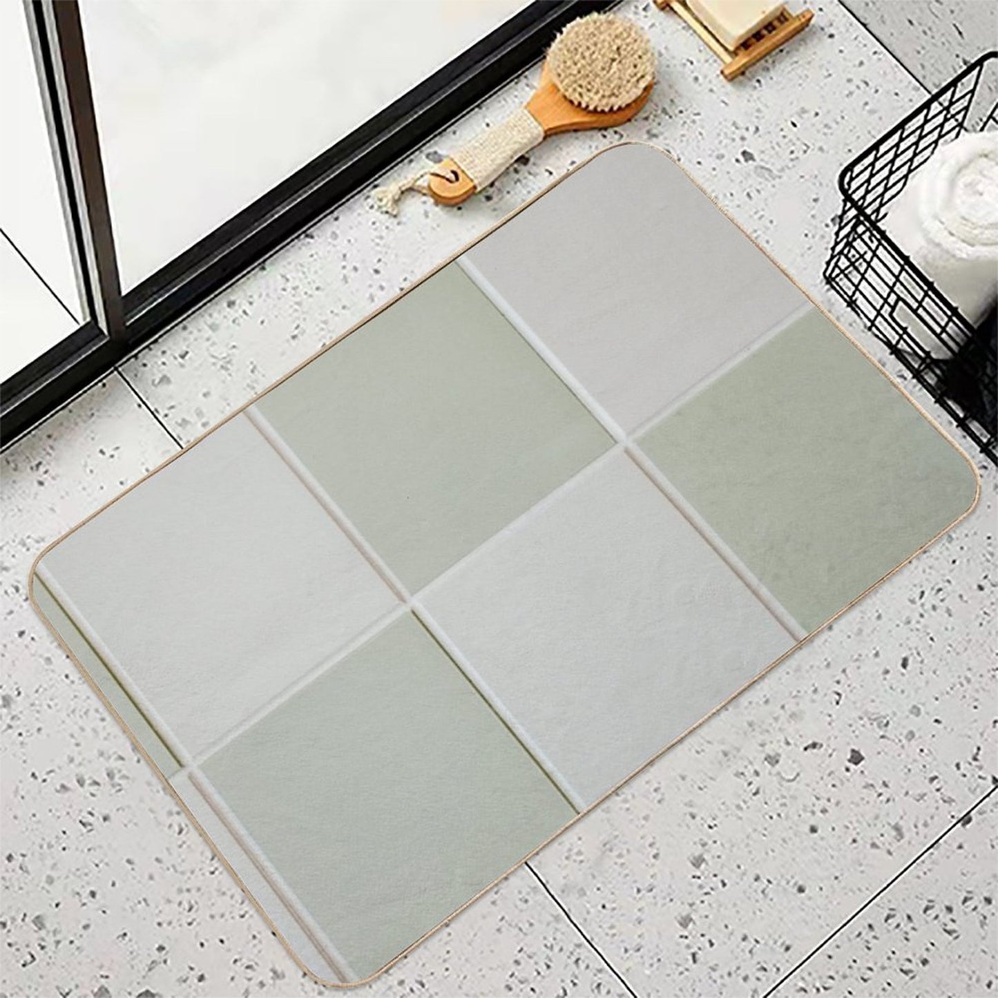 Sage Green Aesthetic Square Tile Pattern Durable Bath Mat