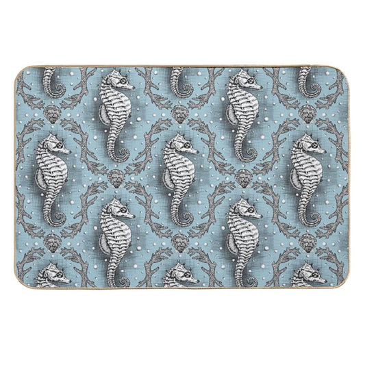 Victorian Seahorse Damask in Powder Blue Antique Steampunk  Stain-Proof Bath Mat