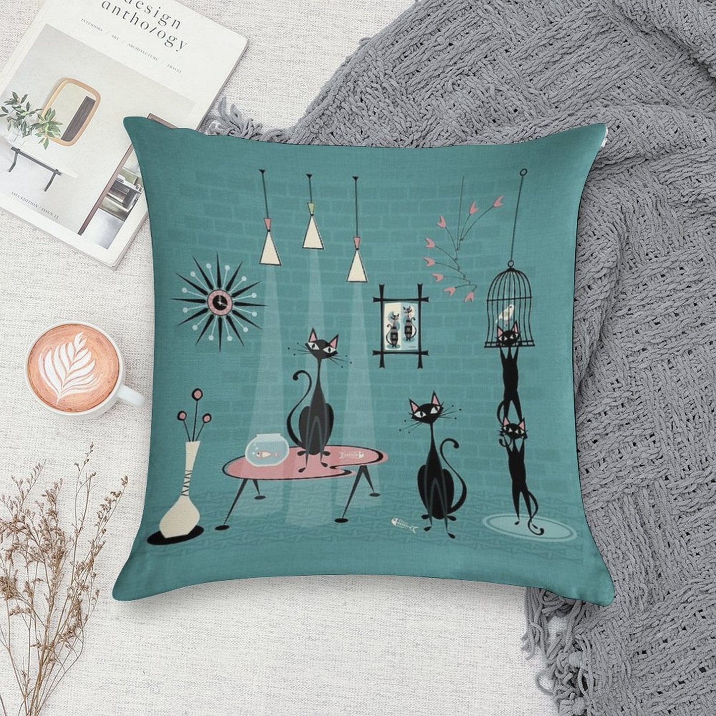 Mid Century Kitty Mischief III ©studioxtine Soft Shrink-Resistant Throw Pillow