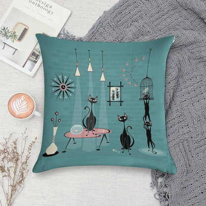 Mid Century Kitty Mischief III ©studioxtine Soft Shrink-Resistant Throw Pillow