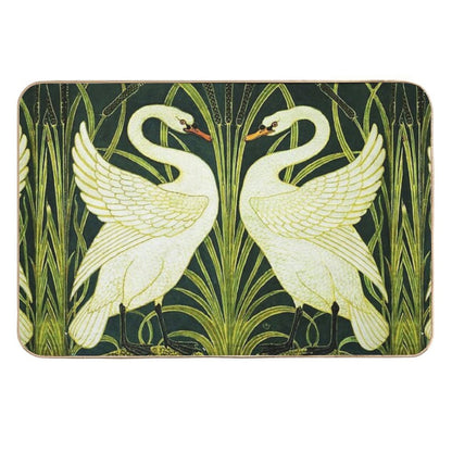 TWO WHITE SWANS AMONG REEDS IN GREEN Art Nouveau Animals  Dirt-Trapping Bath Mat