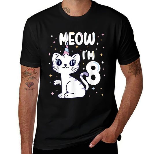 Meow I'm 8 Bday Cat Party Cute 8th Birthday Kids Cat  Cotton T-Shirt