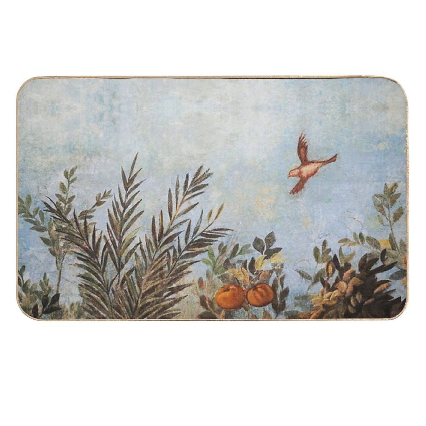 ANTIQUE ROMAN  WALL PAINTINGS,FLYING BIRD, BLUE SKY AND FRUIT TREES ,GREEN FLORAL  Easy Maintenance Bath Mat