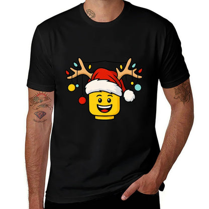 Christmas Building Bricks Head with Santa Hat Antlers Lights  Versatile T-Shirt