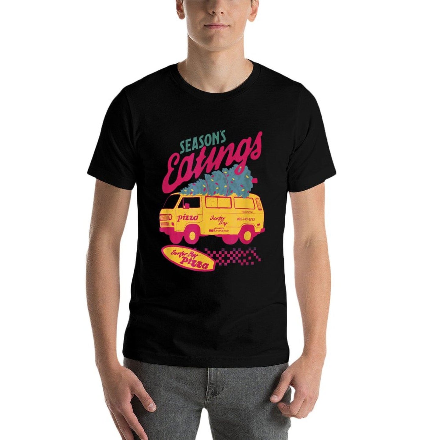 Stranger Things Christmas Surfer Boy Pizza Seasons Eatings!  Durable T-Shirt