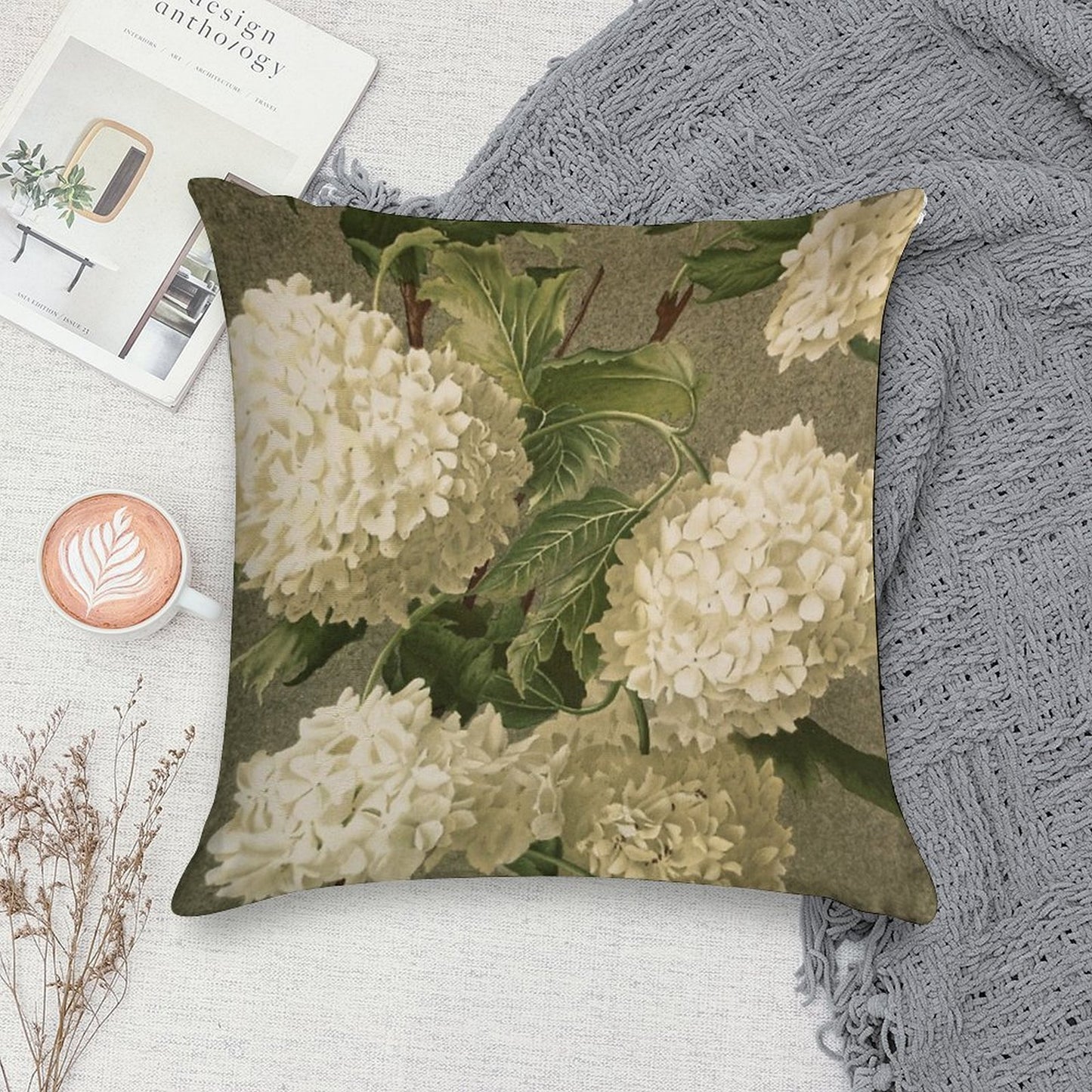 Vintage Victorian White Hydrangea Floral Soft Fade-Resistant Throw Pillow