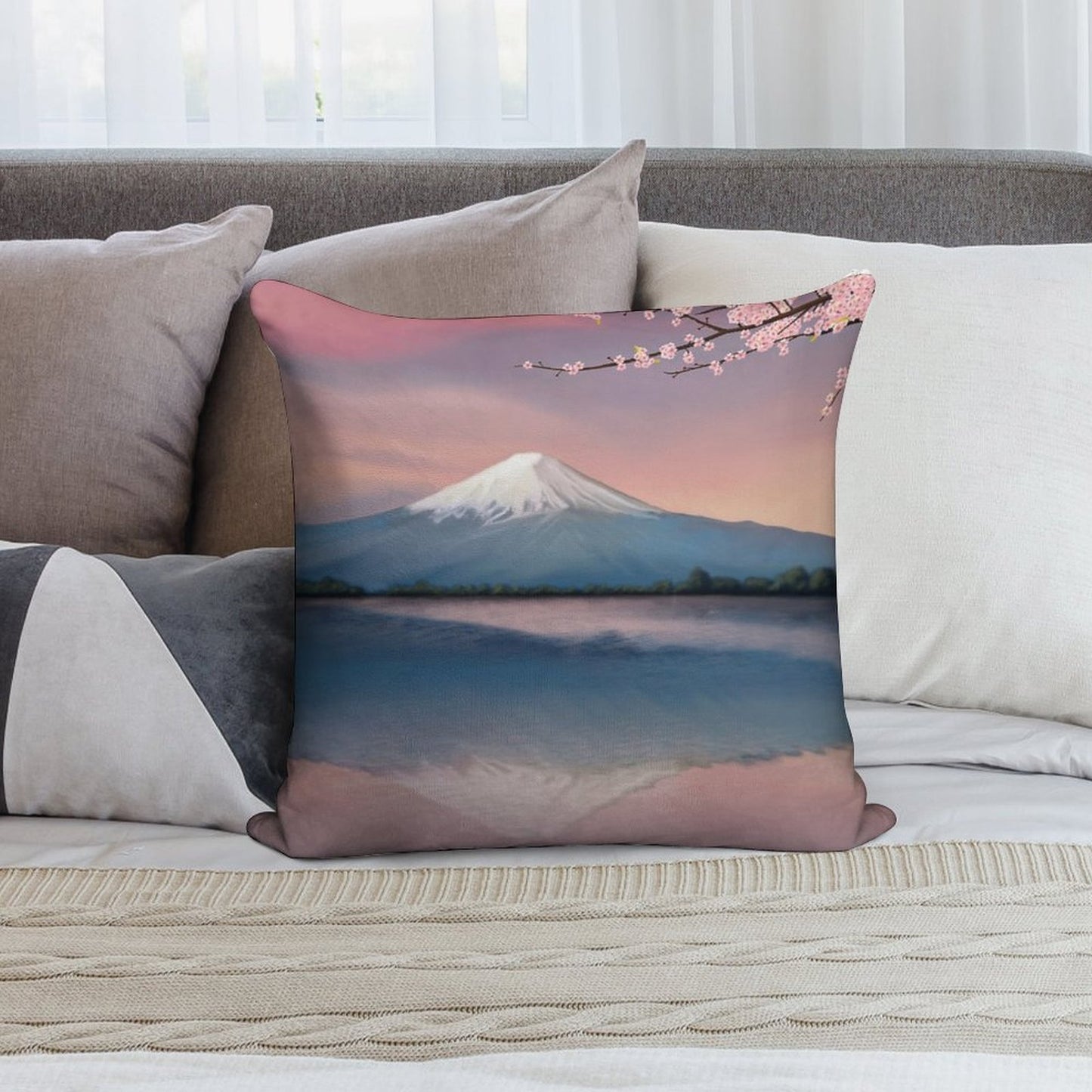 Mt Fuji with Cherry Blossoms Soft Durable Construction Throw Pillow