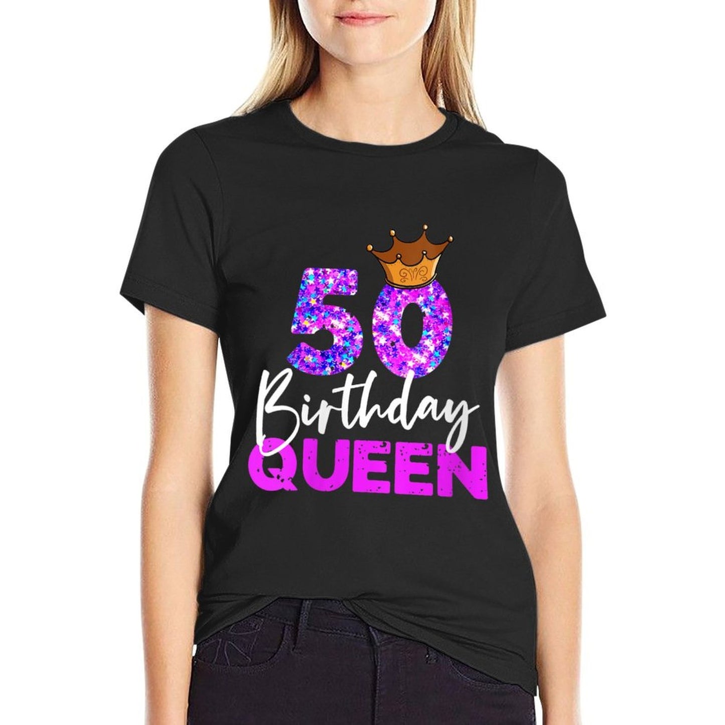 Womens 50th Birthday Queen Crown for Her Fiftieth Bday  Polyester Blend T-Shirt
